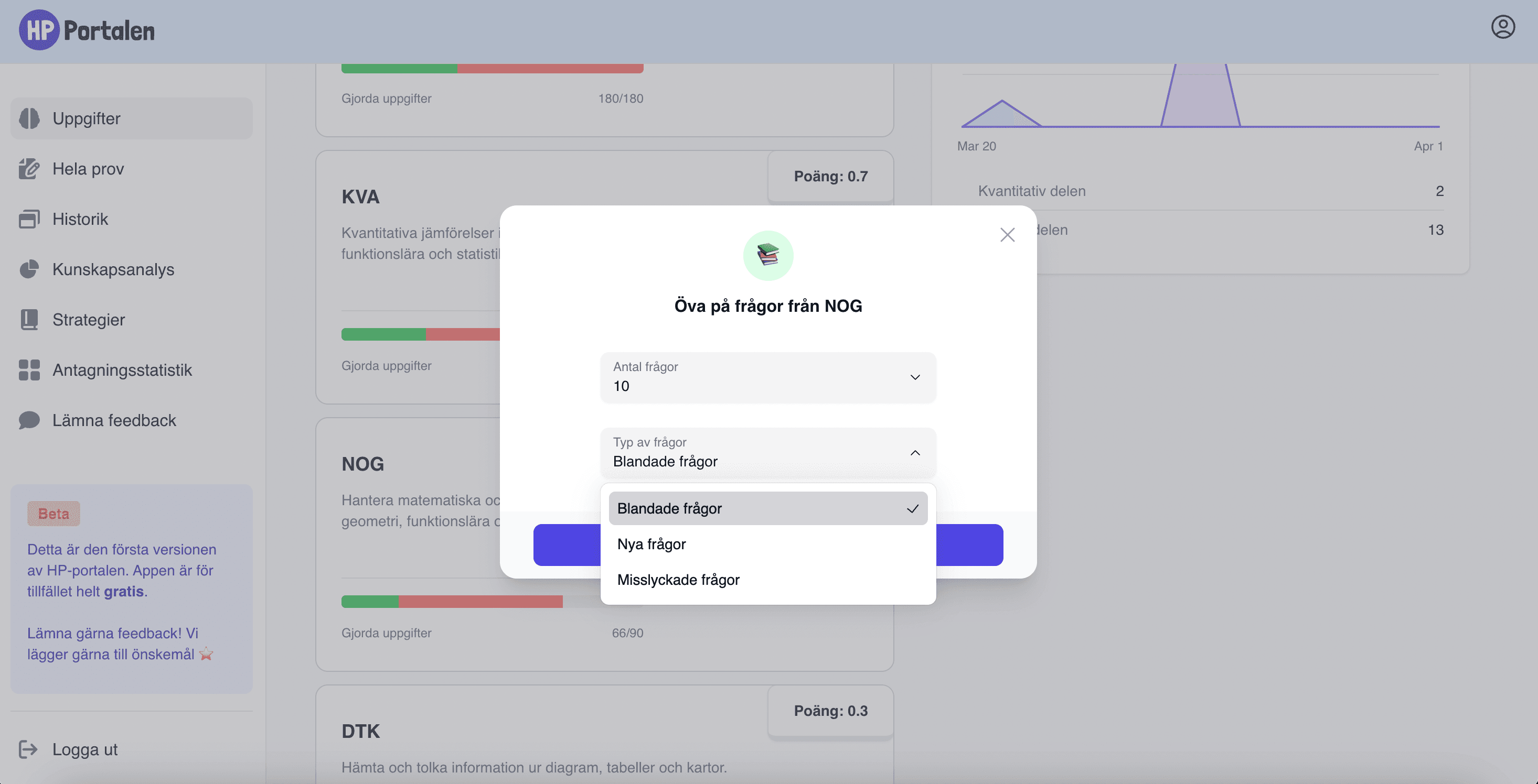 Välj vilken typ av frågor du vill öva på
