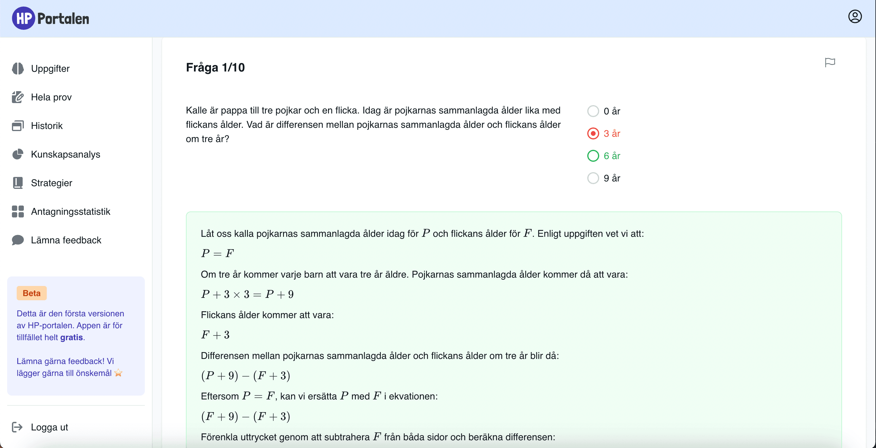 När du svarat fel svar visas feedback